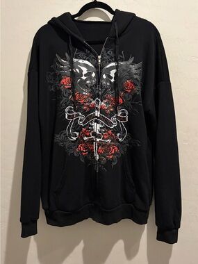 Y2K Gothic Skull & Roses Zip-Up Hoodie – Grunge/Alt Aesthetic